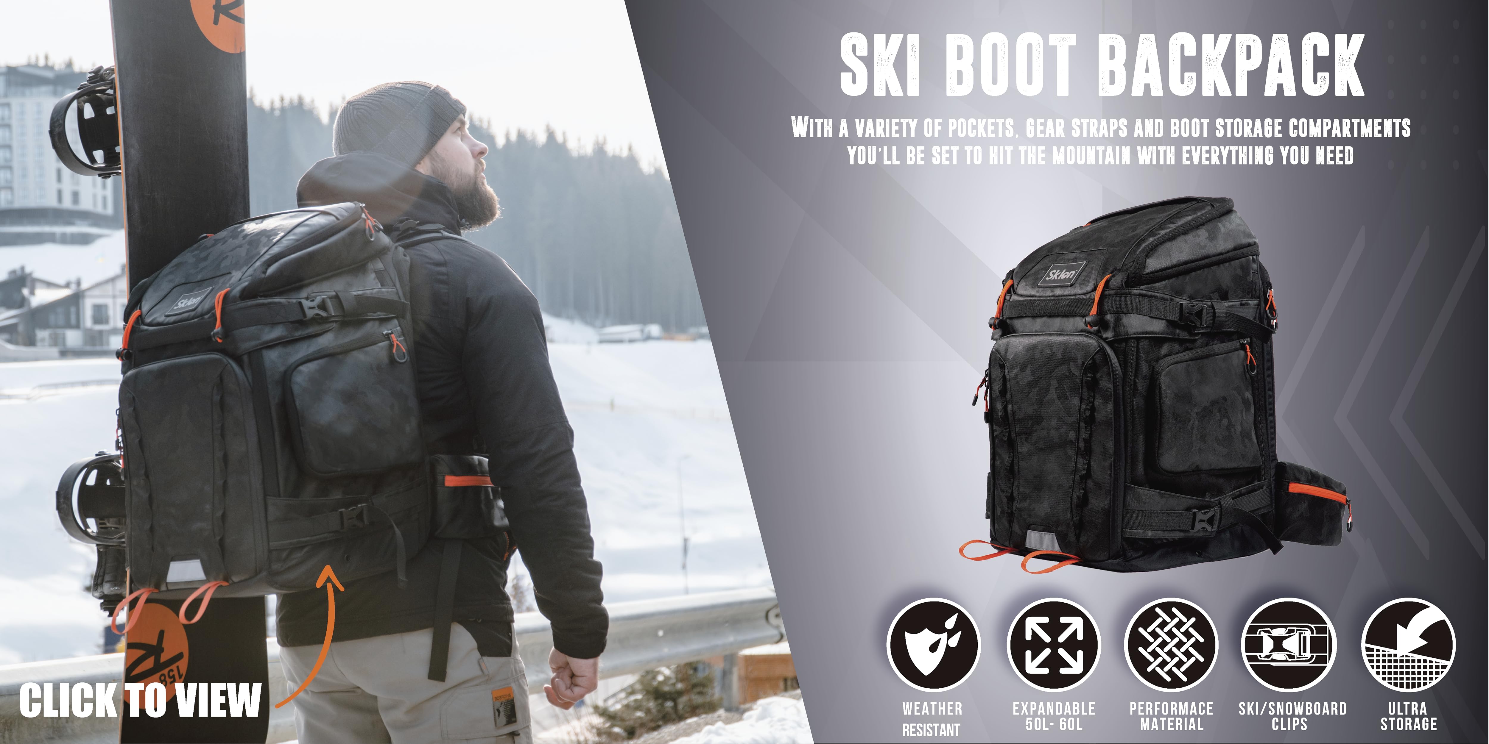 Ski boot bag backpack with various compartments and gear